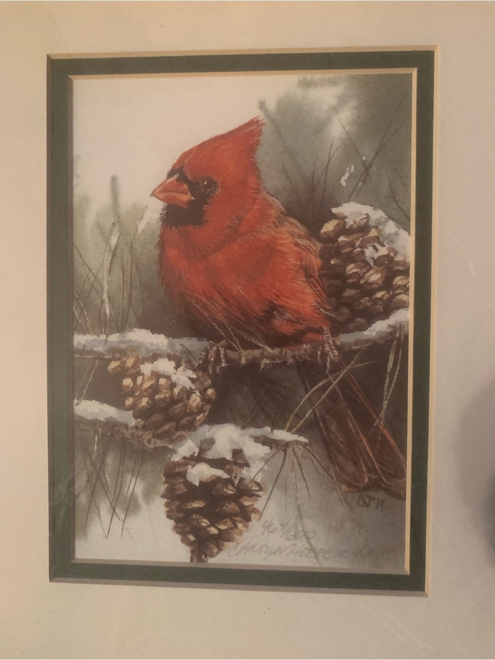 Red Cardinal Print with Pinecone Winter Scene Signed and Numbered